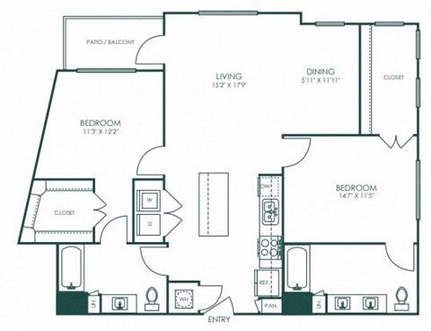 Floor plan for 2 beds, 2 baths, 1226 sqft